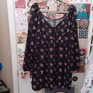 Wild Fable L Empire Waist Peasant Off Shoulder Black Pink Floral Long Slv Dress